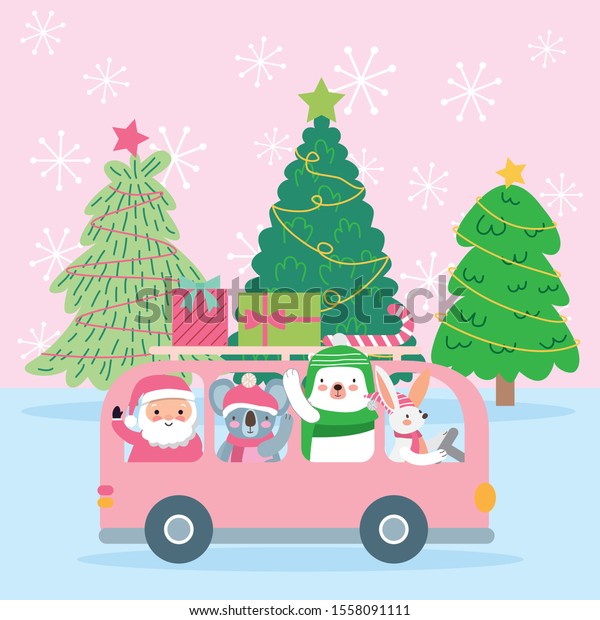 christmas characters inside the car between\
cute trees. vector\
illustration
