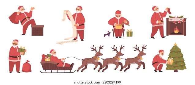 Christmas characters, isolated Santa Claus personage with presents. Saint Nicolas reading list of kids wishes. Reindeers and carriage. Vector in flat cartoon style