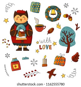 Christmas characters and items printable. Happy New Year on white background, cartoon vector set