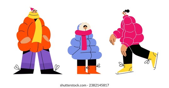 Christmas characters in jackets in winter clothes in cartoon groovy retro 90s style. Casual warm clothes in cold weather. Vector illustration