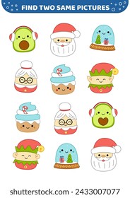 Christmas characters. Kawaii  Santa Claus. Find two same pictures. Educational game for kids with squishmallow elf, Santa, avocado, cupcake. Spot two identical pictures. Cartoon, kawaii. Isolated vect