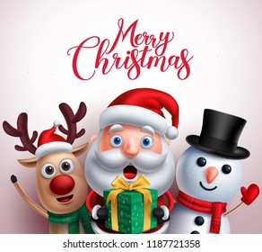 Christmas characters like santa claus,reindeer and snowman holding gift with merry christmas greeting in white background. Vector illustration.
