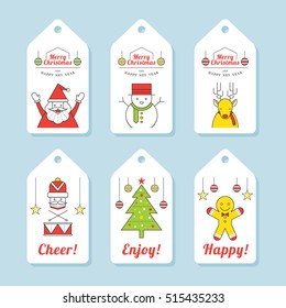 Christmas Characters, Line Design, Tag and Label, Santa Clause, Snowman, Reindeer, Pine Tree, Nutcracker and Gingerbread
