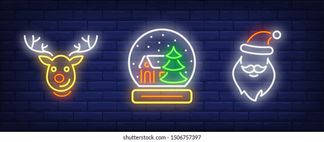 Christmas characters neon sign set with reindeer, Santa Claus and glass sphere. Vector illustration in neon style, bright banner for topics like celebration, December, holidays