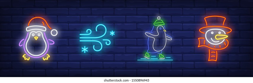 Christmas characters neon sign set. Snowman in hat and scarf, cute penguin in Santa hat, wind. Vector illustration in neon style for topics like celebration, winter activity, Xmas cartoon characters