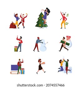 Christmas characters. New year celebration people with gifts and funny caps party dance family couples with kids garish vector happy persons