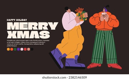 Christmas characters New Year poster cartoon banner in 90s groovy style. Happy people receive gifts and celebrate. vector poster
