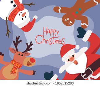 Christmas characters on blue background, Christmas Tree, Santa Claus, Reindeer Snowman, Cookie man, Vector design illustration.