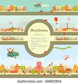 Christmas characters on City Map. Cute Santa Claus, Snowman and Christmas Tree on Infographic Card.  Vector Illustration.