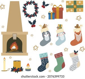 Christmas characters on Greeting Card. Collection of cozy winter. Vector Illustration.