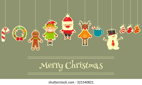 Christmas characters on Greeting Card. Santa Claus, Snowman and Deer. Vector Illustration.