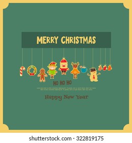 Christmas characters on Greeting Card in Retro Style. Santa Claus, Snowman and Deer. Vector Illustration.