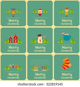 Christmas characters on Greeting Mini Christmas Cards. Santa Claus, Snowman and Deer. Vector Illustration.