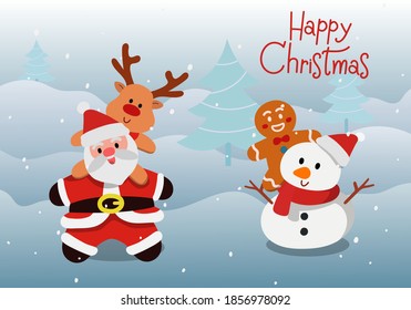Christmas characters on snow background, Santa Claus, Christmas Tree, Reindeer, Snowman, Cookie man, Vector design illustration.