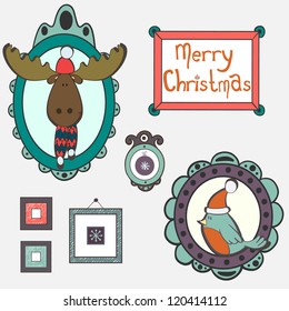 Christmas characters portraits in ornate vintage frames. Moose, winter bird, snowflake and bauble. Vector illustration.