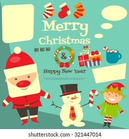 Christmas Characters Postcard with Place for Text. Santa Claus, Snowman and Christmas Elf. Vector Illustration.