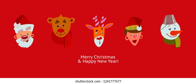 Christmas characters in the row. Cute cartoon flat faces design. Merry Christmas and Happy new Year greeting banner. Fun emblems of Holidays on red background
