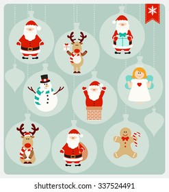 Christmas Characters - Santa Claus, Angel, Reindeer, Snowman, and Christmas Cookie in cute globe decorations