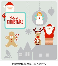 Christmas Characters - Santa Claus, Angel, Reindeer, and Christmas Cookie in a small street scenery