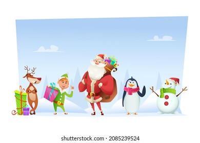 Christmas characters: Santa Claus with a bag of gifts on his shoulders, a deer, a penguin waves, a merry elf, a snowman