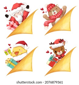 Personajes De Navidad: Santa Claus, Oso, Pollo, Cerveza, Reno, Con Caja De Regalos. Merry Christmas recorte elemento Tarjetas de vacaciones, invitaciones y decoración de celebración de sitios web. Ilustración del vector