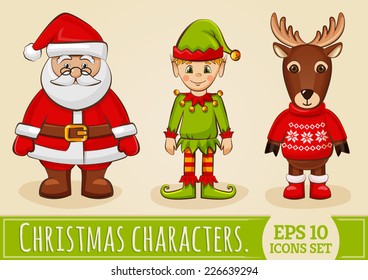 Christmas characters: Santa Claus, elf and reindeer. Collection of colored icons for holiday design. Vector set. 