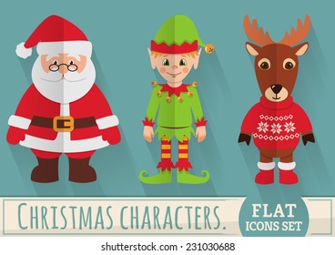 Christmas characters: Santa Claus, elf and reindeer. Flat elements with long shadow. Collection of colored icons for holiday design. Vector set. 