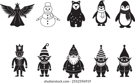 Christmas Characters Santa Claus, Elves, Reindeer, Snowman, Angels, Nutcracker, Polar Bears and Penguins set design silhouette vector illustration