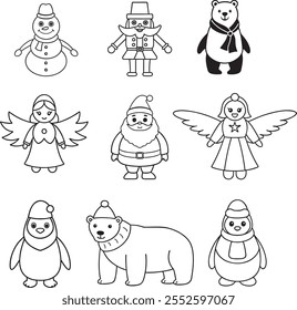 Christmas Characters Santa Claus, Elves, Reindeer, Snowman, Angels, Nutcracker, Polar Bears and Penguins set design line art vector illustration