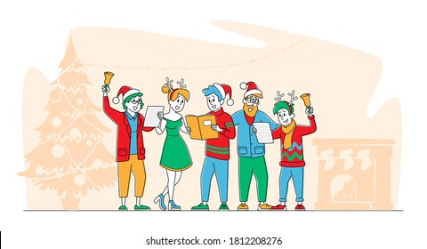 Christmas Characters in Santa Claus and Reindeer Hats Singing Xmas Carols Holding Song Books and Ringing Bell. Friends Company or Happy Family Caroling at Eve Night. Linear People Vector Illustration