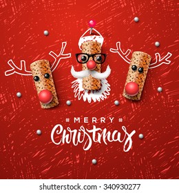 Christmas characters, Santa Claus and reindeer, made from wine cork, art and craft Christmas decoration, vector illustration.