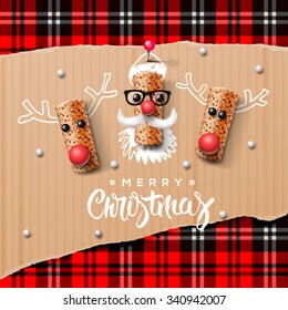 Christmas characters, Santa Claus and reindeer, made from wine cork, art and craft Christmas decoration, vector illustration.