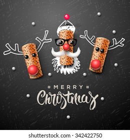 Christmas characters, Santa Claus and reindeer, made from wine cork, art and craft Christmas decoration, vector illustration.