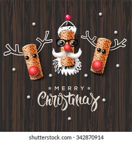 Christmas characters, Santa Claus and reindeer, made from wine cork, art and craft Christmas decoration, vector illustration.