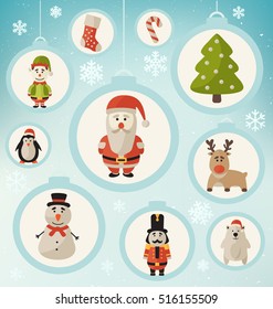 Christmas Characters - Santa Claus, Reindeer, Snowman, Elf and other cute holiday elements in round ornaments