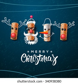 Christmas characters, Santa Claus snowman and reindeer, made from wine cork, art and craft Christmas decoration, vector illustration.