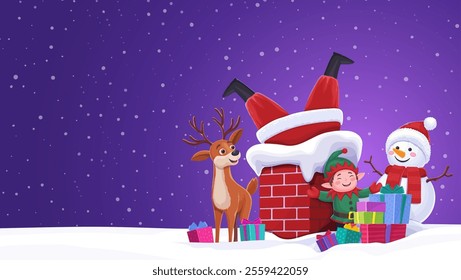 Christmas characters and Santa Claus stuck in a house chimney surrounded by cartoon reindeer, gifts, cheerful elf and snowman friends creating a cheerful holiday atmosphere under the falling snow