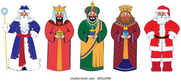 Christmas characters: Santa Claus, Three Kings and Russian Ded Moroz (Grandfather Frost)