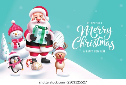 Navidades Personajes Santa Claus Diseño de Vector. Texto de felicitación de feliz Navidad con santa sosteniendo la caja de regalo, muñeco de nieve, pingüino y renos personajes lindos en fondo de invierno de nieve. Ilustración vectorial 