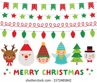 Christmas characters (Santa, Deer, elf, angel, snowman) and decoration, vector set