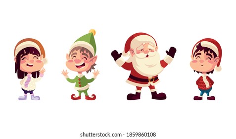 christmas characters santa helper boy and girl with hats vector illustration