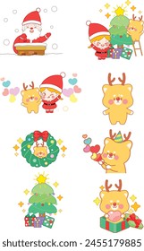 Christmas, Characters, Santa, Rudolph, Christmas Day, Snowman, Decoration, Tree, Cute, Gift, Icon, Illustration, Background, Winter, Card