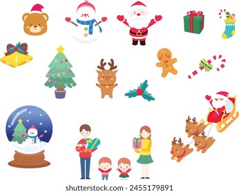 Christmas, Characters, Santa, Rudolph, Christmas Day, Snowman, Decoration, Tree, Cute, Gift, Icon, Illustration, Background, Winter, Card