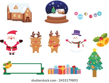 Christmas, Characters, Santa, Rudolph, Christmas Day, Snowman, Decoration, Tree, Cute, Gift, Icon, Illustration, Background, Winter, Card