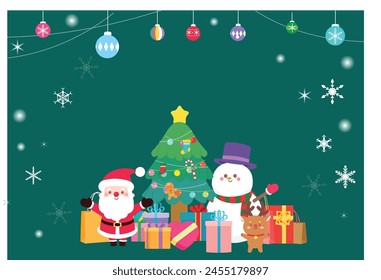 Christmas, Characters, Santa, Rudolph, Christmas Day, Snowman, Decoration, Tree, Cute, Gift, Icon, Illustration, Background, Winter, Card