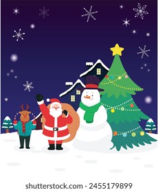 Christmas, Characters, Santa, Rudolph, Christmas Day, Snowman, Decoration, Tree, Cute, Gift, Icon, Illustration, Background, Winter, Card