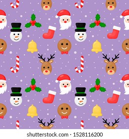 christmas characters seamless pattern on purple background. vector Illustration.