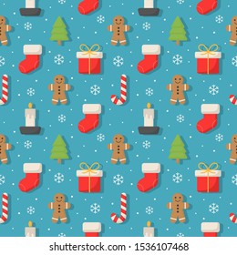 christmas characters seamless pattern on blue background. vector Illustration.