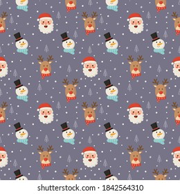 christmas characters seamless pattern on purple background. vector Illustration.