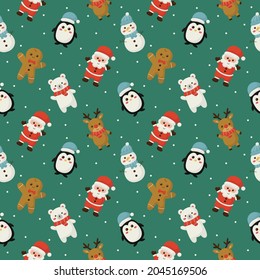 christmas characters seamless pattern on green background. vector Illustration.